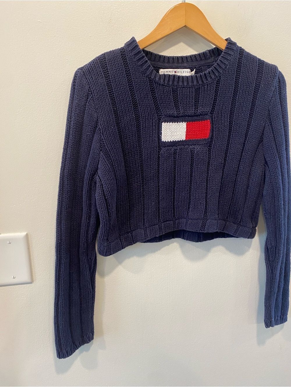 Vintage Y2K Tommy Hilfiger cropped ribbed knit sweater women’s xs flag logo - Picture 2 of 8